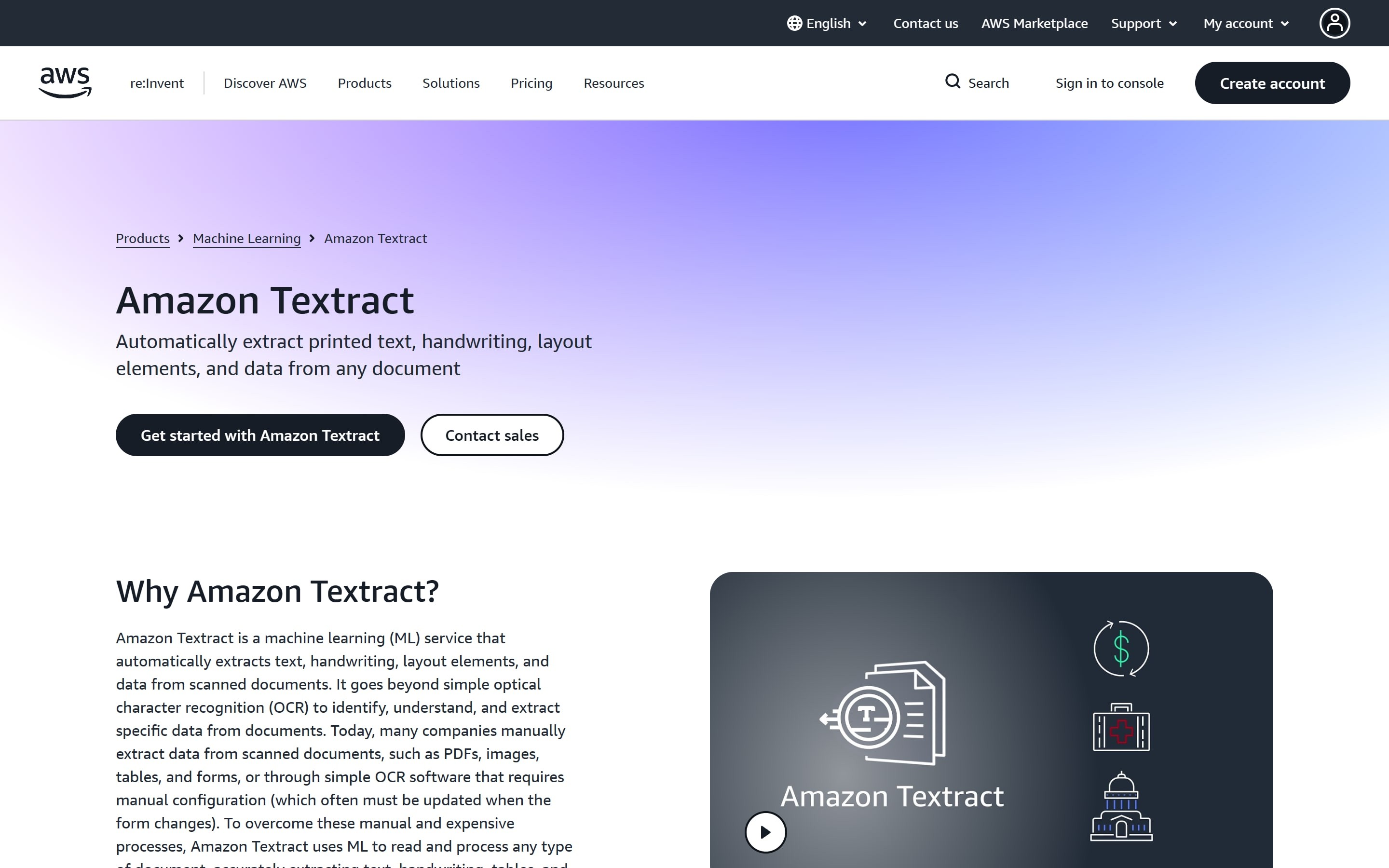 Amazon Textract web page
