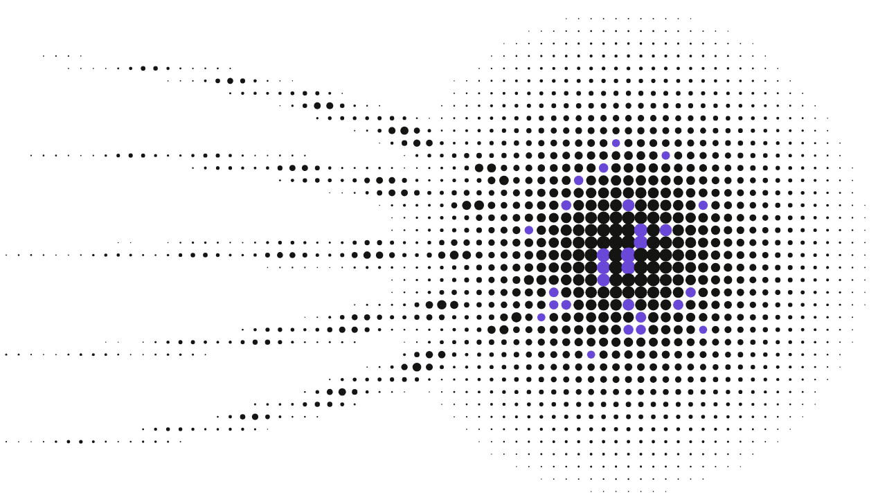 Dot-matrix illustration of documents streaming in from many sources and converging on a single purple data core