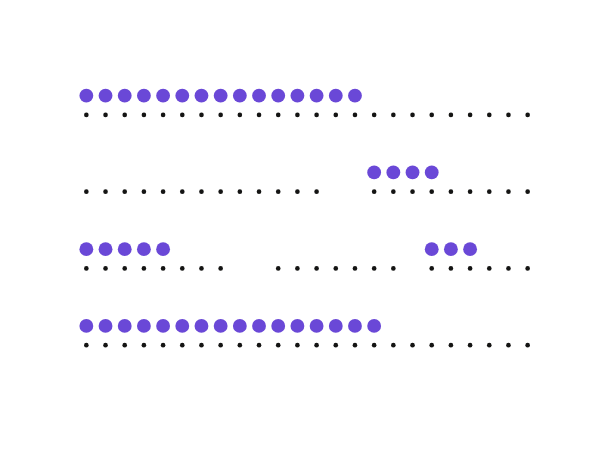 Dot-matrix illustration of form fields, with purple segments showing where information was filled in and where it was missed