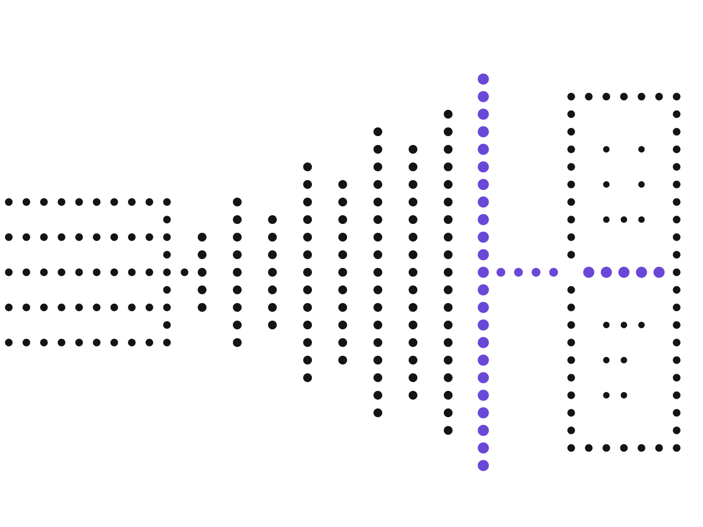 Dot-matrix illustration of data rows opening into rising bars that meet a purple line, linked to a highlighted line in a report