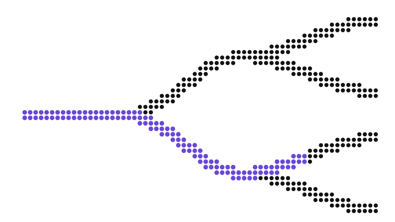Dot-matrix illustration of a decision tree branching into paths, with the chosen path highlighted in purple