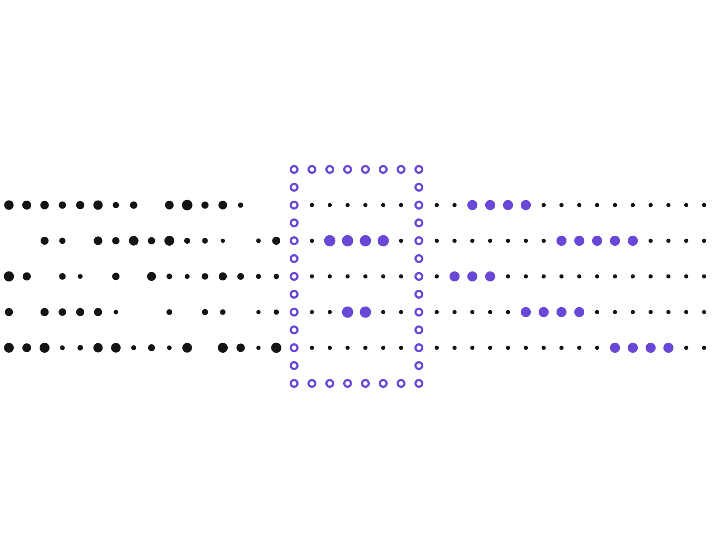 Dot-matrix illustration of irregular data rows passing through a purple frame and coming out as even rows with key fields marked in purple