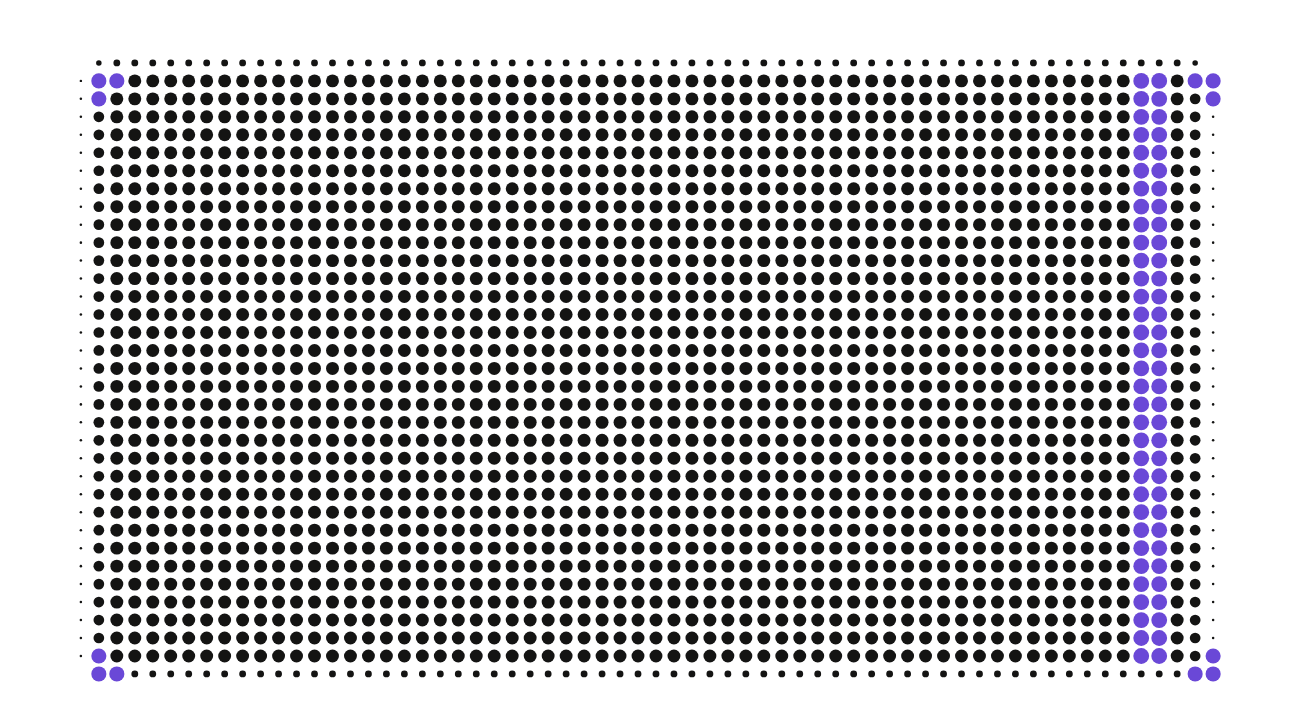 Dot-matrix illustration of a complete record grid with a purple column tracking every change, end to end