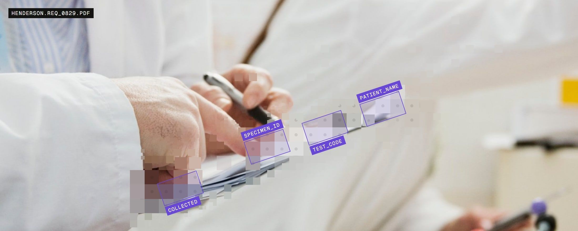 A clinician's hand on a test requisition form, with DocKnow highlighting the patient name, test code, specimen ID and collection date fields it extracts