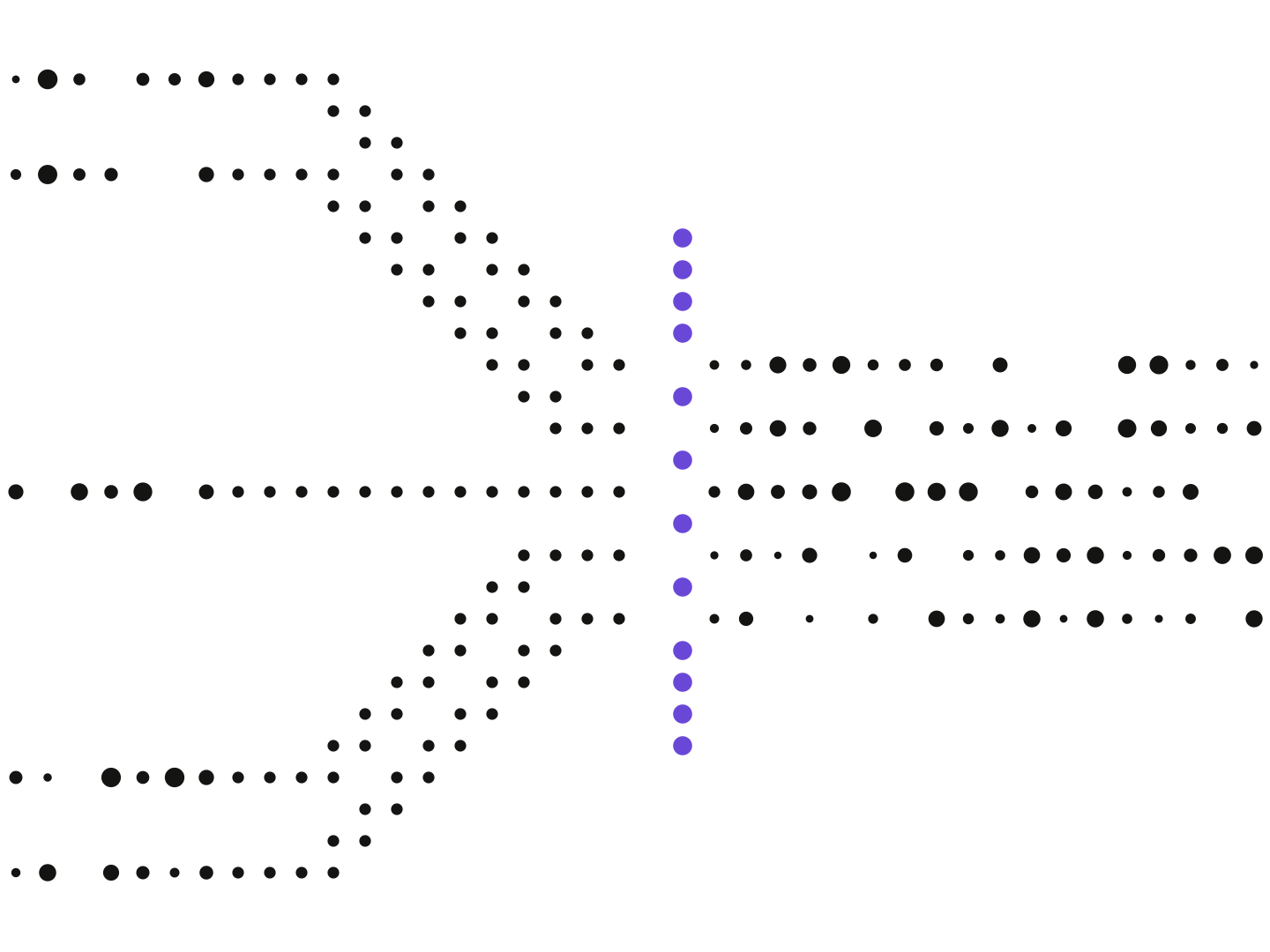Dot-matrix illustration of five data streams converging on a purple line and continuing as rows of data
