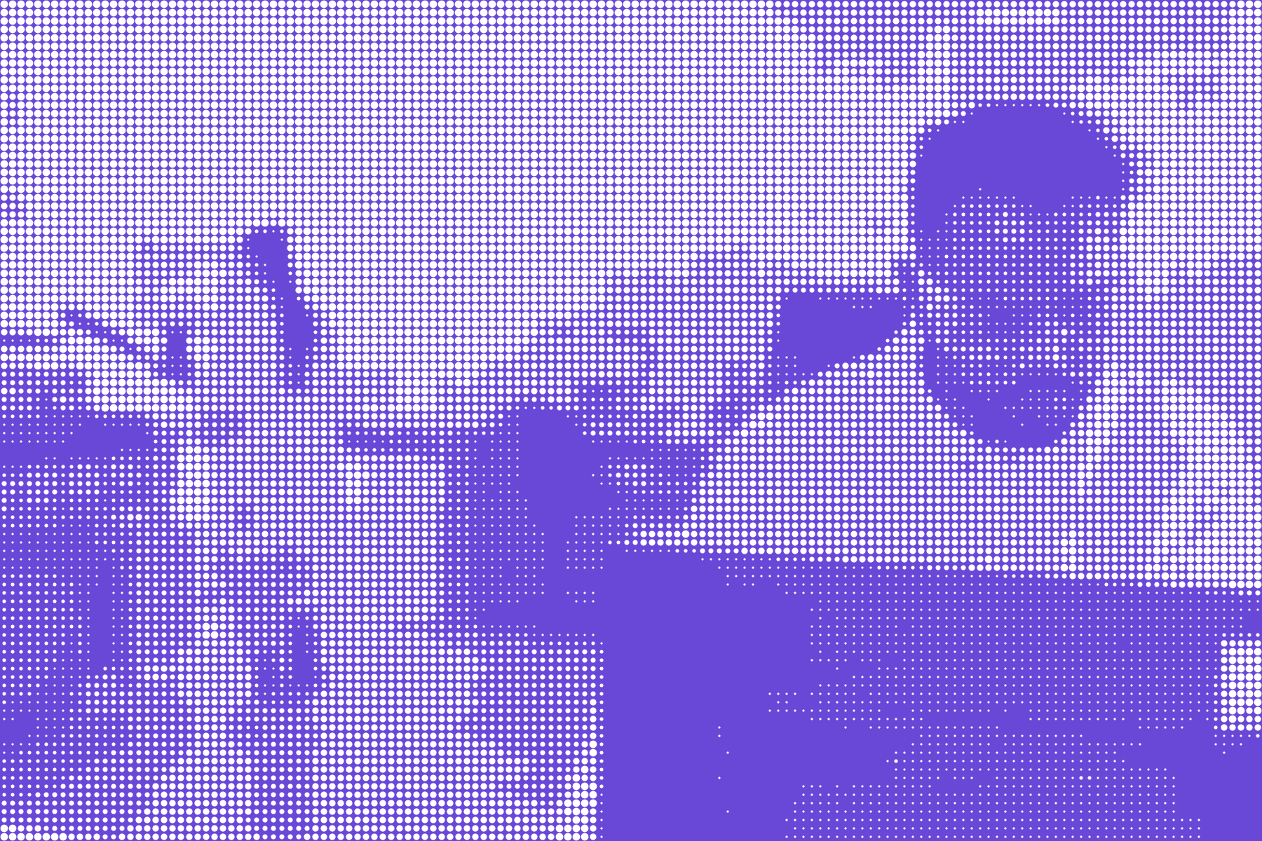 Purple dot-matrix image of a lab scientist working at a computer monitor