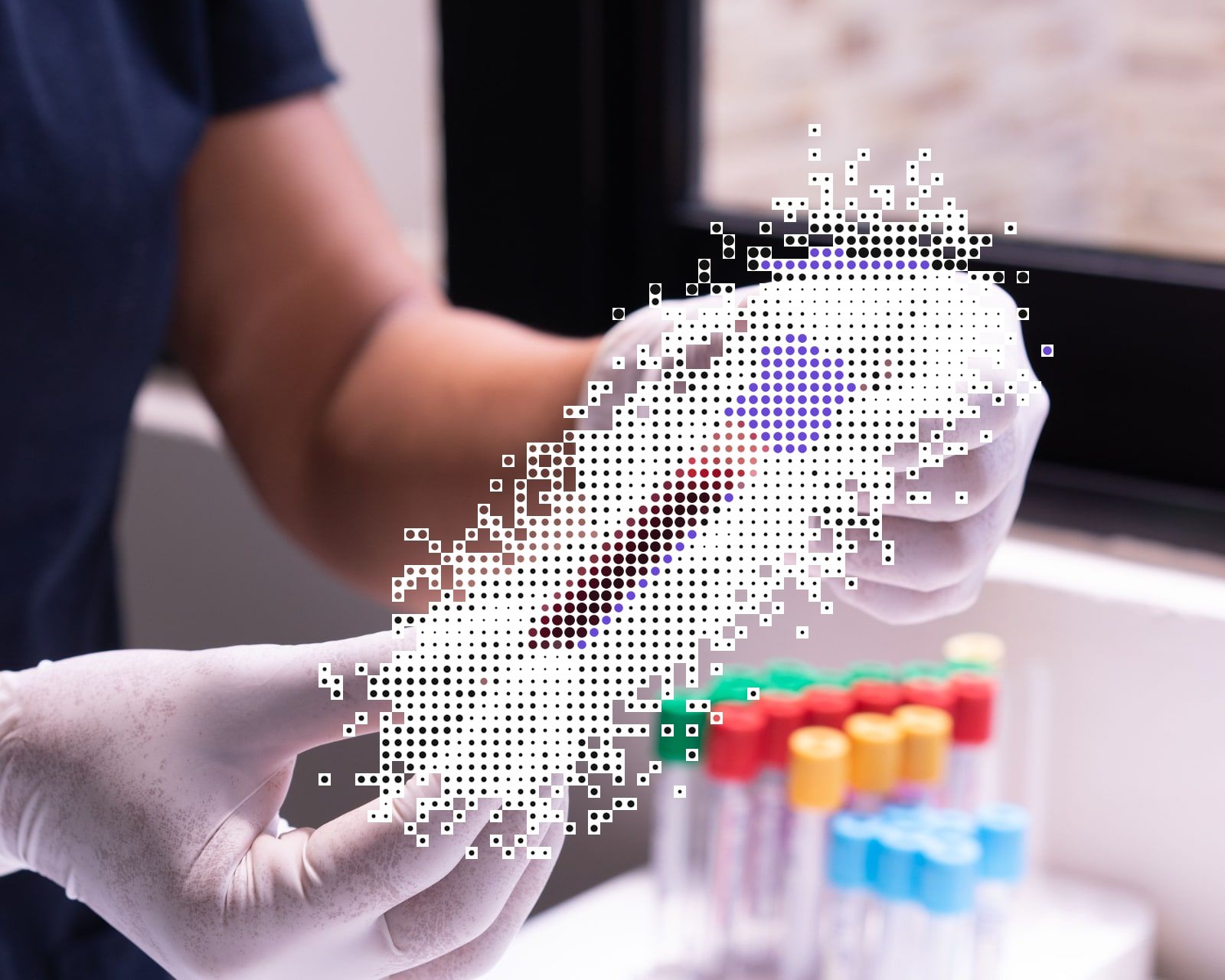Gloved hands holding a blood sample tube overlaid with a black, white, and purple dot-matrix pattern, with a rack of color-capped tubes behind
