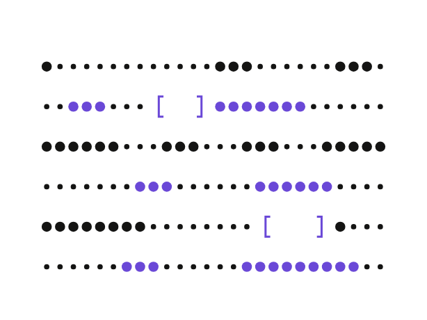 Dot-matrix illustration of data fields with gaps bracketed and filled in purple