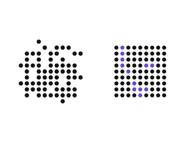 Dot-matrix illustration of an irregular data shape restructured into an orderly grid, ready to hand off