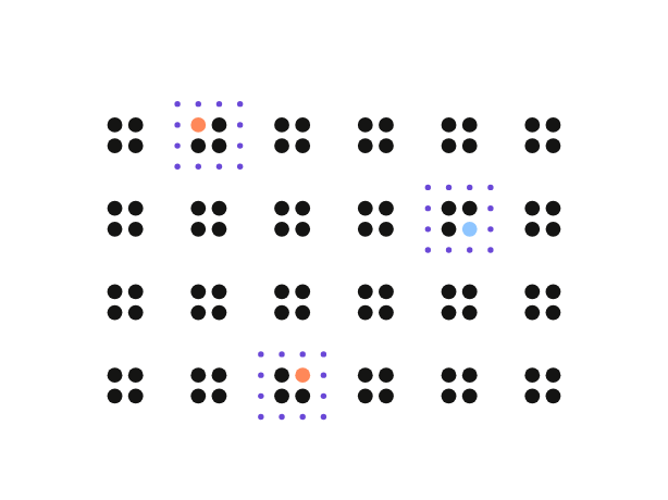 Dot-matrix grid of data blocks with three exceptions highlighted and flagged for review