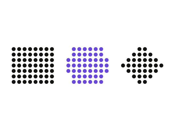 Dot-matrix illustration of raw data passing through validation and enrichment into structured shapes