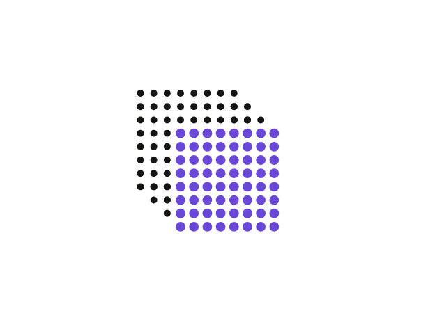 Dot-matrix illustration of separate sources merging into one unified purple block