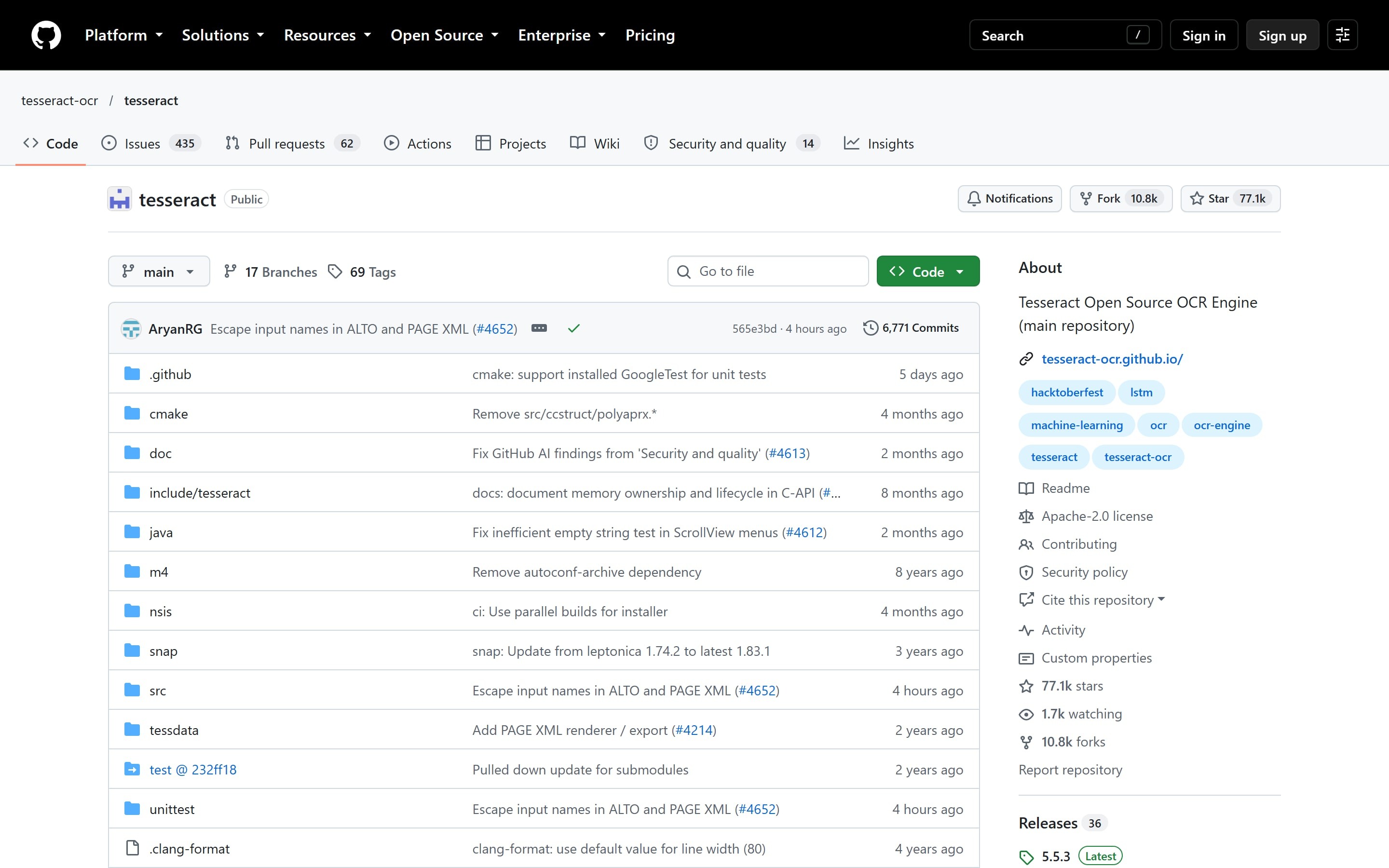 Tesseract OCR GitHub repository page