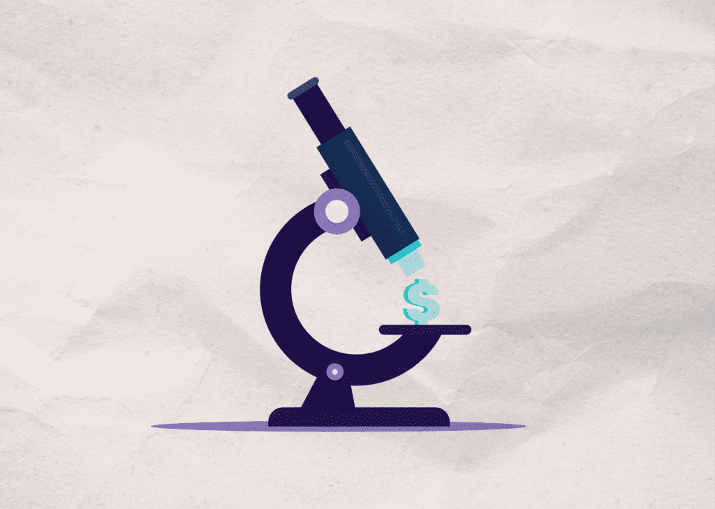 Stylized illustration of a laboratory microscope focused on a dollar sign, representing financial analysis in laboratory operations.