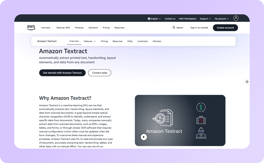 Amazon Textract home page
